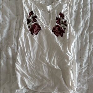Blue Rain White Tank Top with Red Floral Embroidery